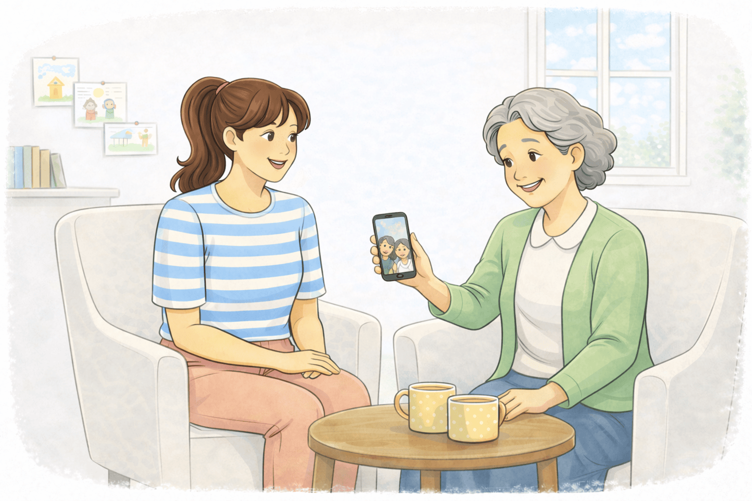 Mme Dupont montre les photos de sa famille